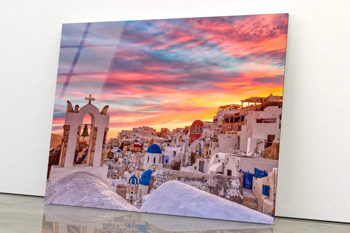 Santorini In Greece with Sunset Acrylic Glass Print Tempered Glass Wall Art 100% Made in Australia Ready to Hang - Bella Home Decor
