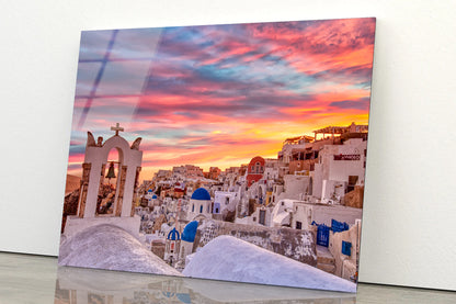 Santorini In Greece with Sunset Acrylic Glass Print Tempered Glass Wall Art 100% Made in Australia Ready to Hang - Bella Home Decor