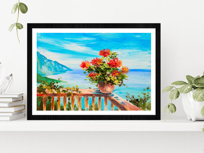 Bouquet Of Flowers & Sea, Coast Near The Mountains Glass Framed Wall Art, Ready to Hang Quality Print With White Border Black