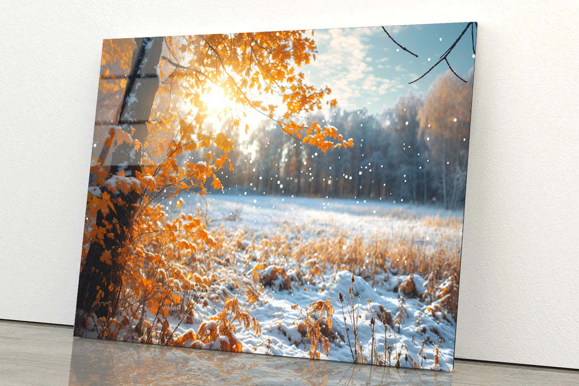 Winter with Autumn Leaves Acrylic Glass Print Tempered Glass Wall Art 100% Made in Australia Ready to Hang - Bella Home Decor