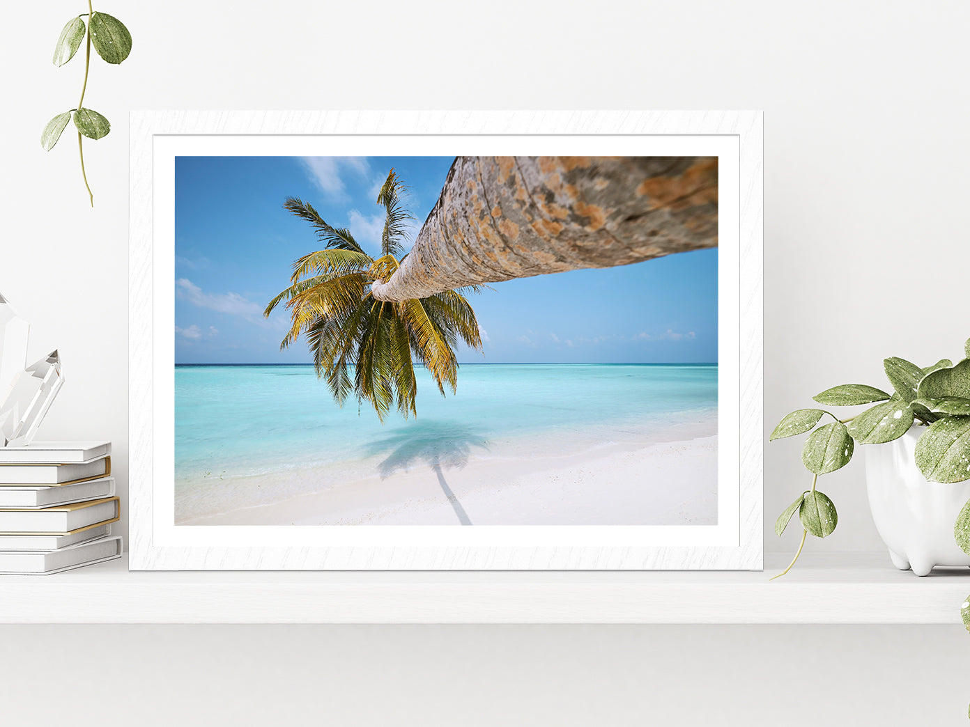 Palm Tree On White Sand Beach Glass Framed Wall Art, Ready to Hang Quality Print With White Border White