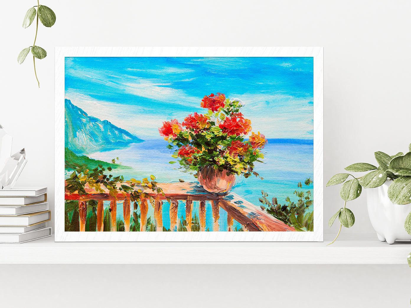 Bouquet Of Flowers & Sea, Coast Near The Mountains Glass Framed Wall Art, Ready to Hang Quality Print Without White Border White