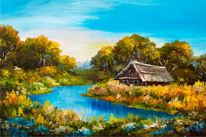 Farmhouse Near The River Oil Painting Glass Framed Wall Art, Ready to Hang Quality Print