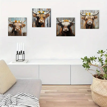 4pcs Vintage Abstract Cow   Wall Art Canvas Framed