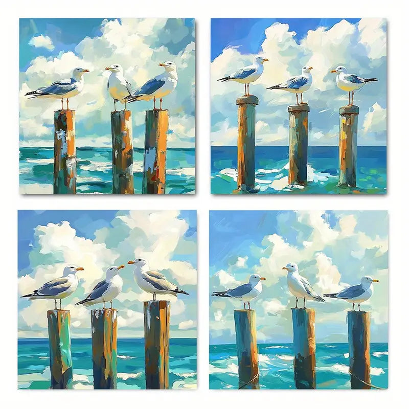 4pcs Modern Coastal Seagull Wall Art Canvas Framed