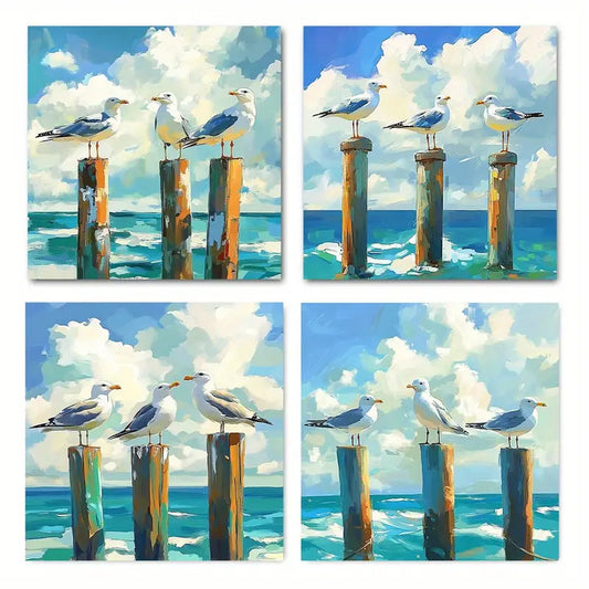4pcs Modern Coastal Seagull Wall Art Canvas Framed