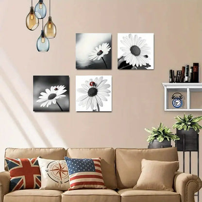 4pcs Sunflower Ladybird On Floral Picture Wall Art Canvas Framed