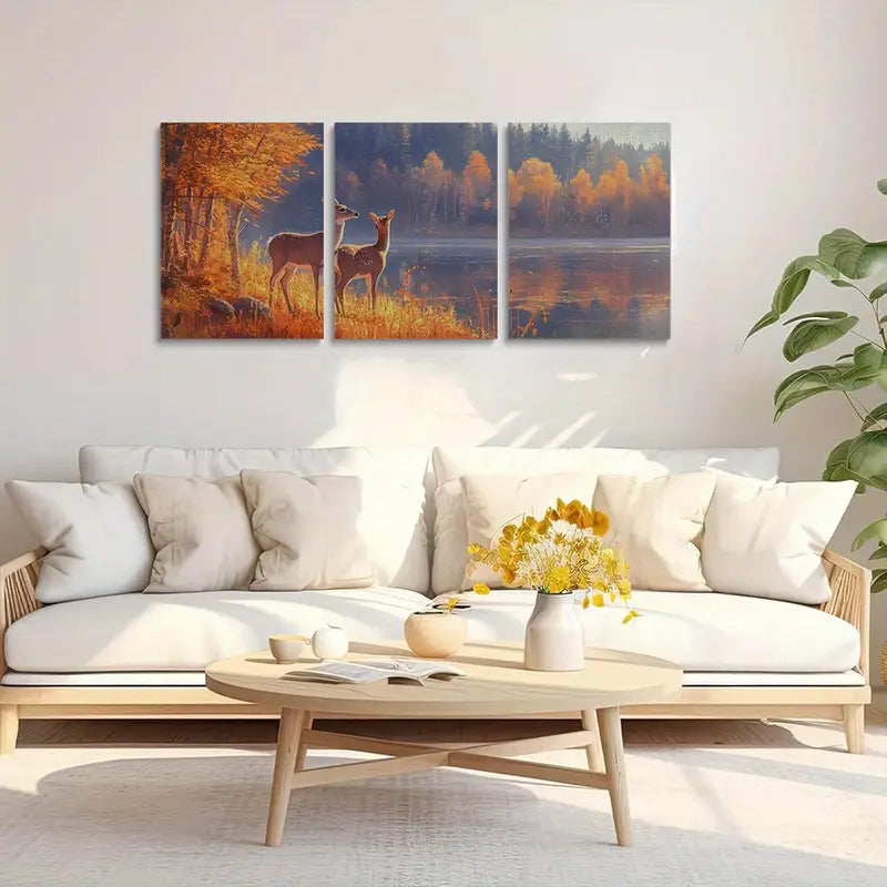 3pcs Autumn Scene with White-Tailed Deer, Fox, and Fawn Metal Print Ready to Hang Art