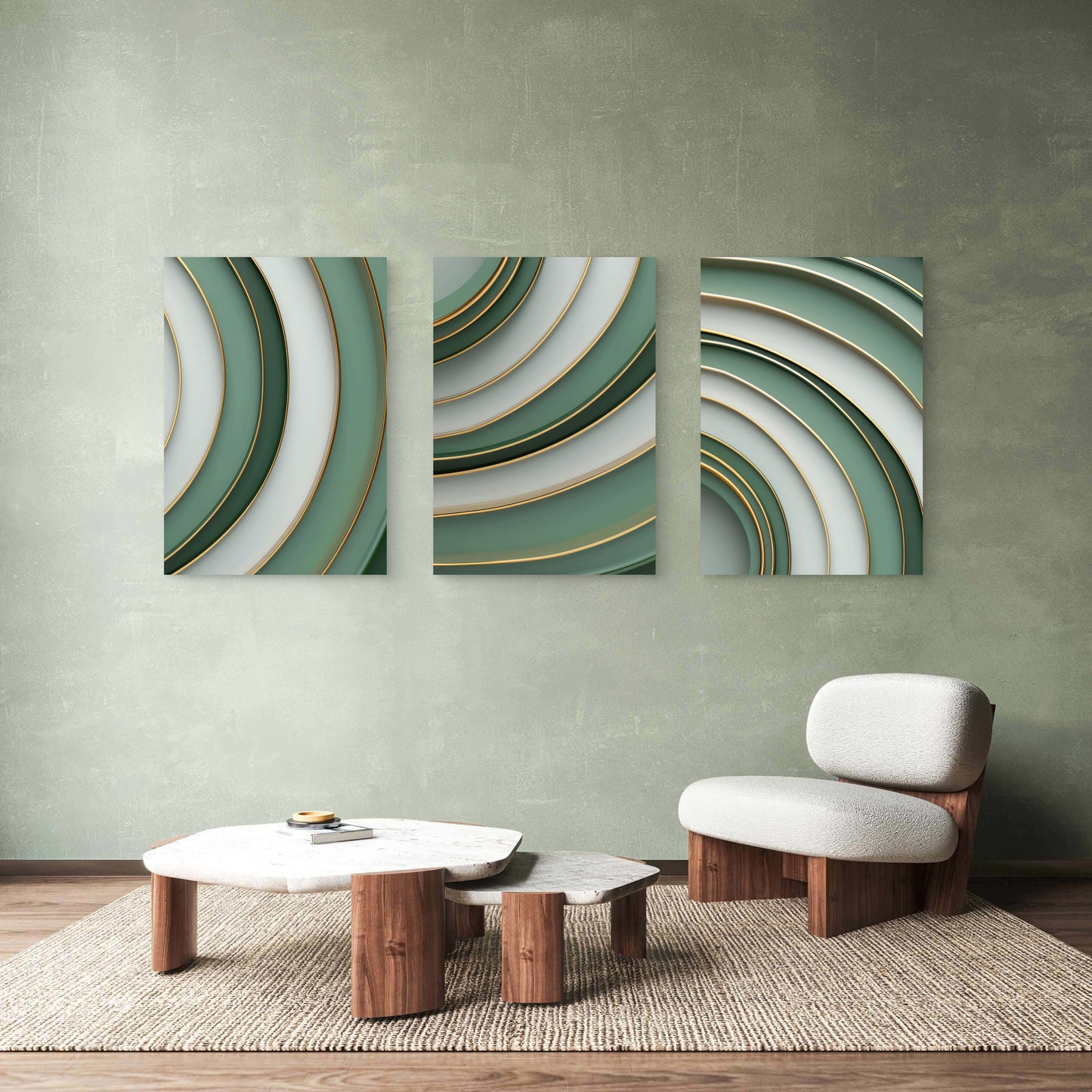 3pcs Modern Sage Green Gold Abstract Curves   Wall Art Set Canvas Framed 40x60cm - High Quality Print 100% Australian Made Wall Canvas Ready to Hang