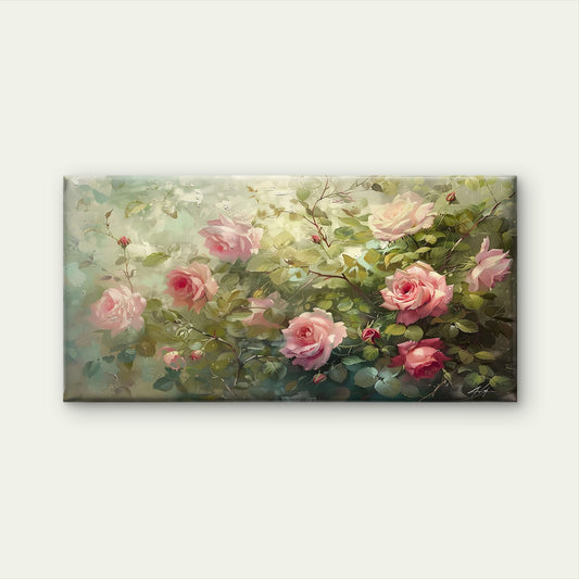 Pink Rose Bush Oil Painting Wall Art Canvas Office Home Room Framed 120x60cm