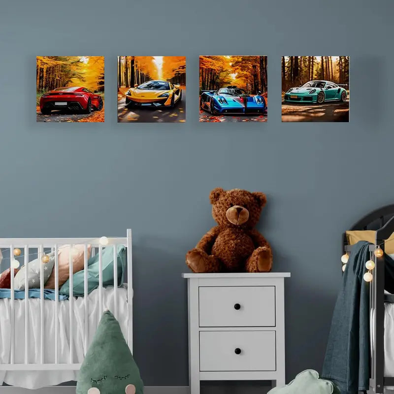 4pcs Autumn Super Car Prints Wall Art Canvas Framed