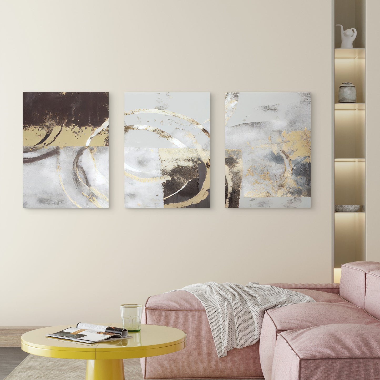 3pcs Grey Gold Foil Metallic Luxury Rings Wall Art Set Canvas Framed 40x60cm - High Quality Print 100% Australian Made Wall Canvas Ready to Hang