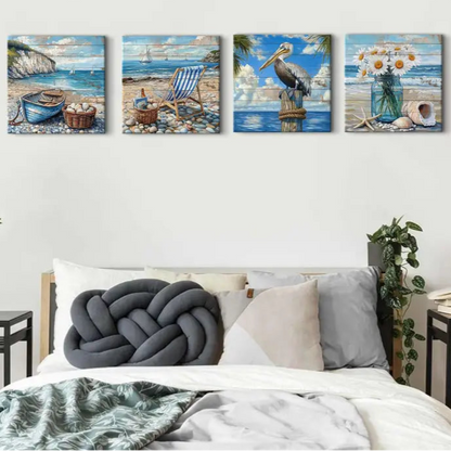 4pcs Vintage Pelican, Mason Jar Daisy,Boat & Sea Wall Art Canvas Framed