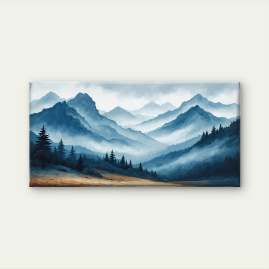 Misty Pine Forest Blue Mountain Wall Art Canvas Office Home Room Framed 120x60cm