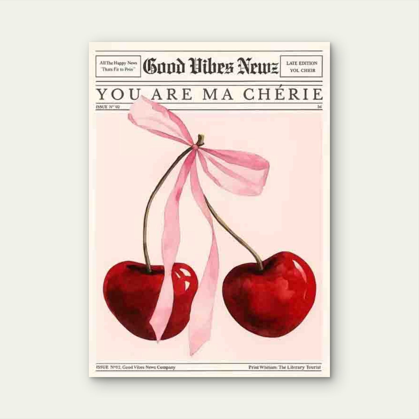 Cherries with Pink Ribbon 60x90cm Metal Print Ready to Hang - Bella Home Decor