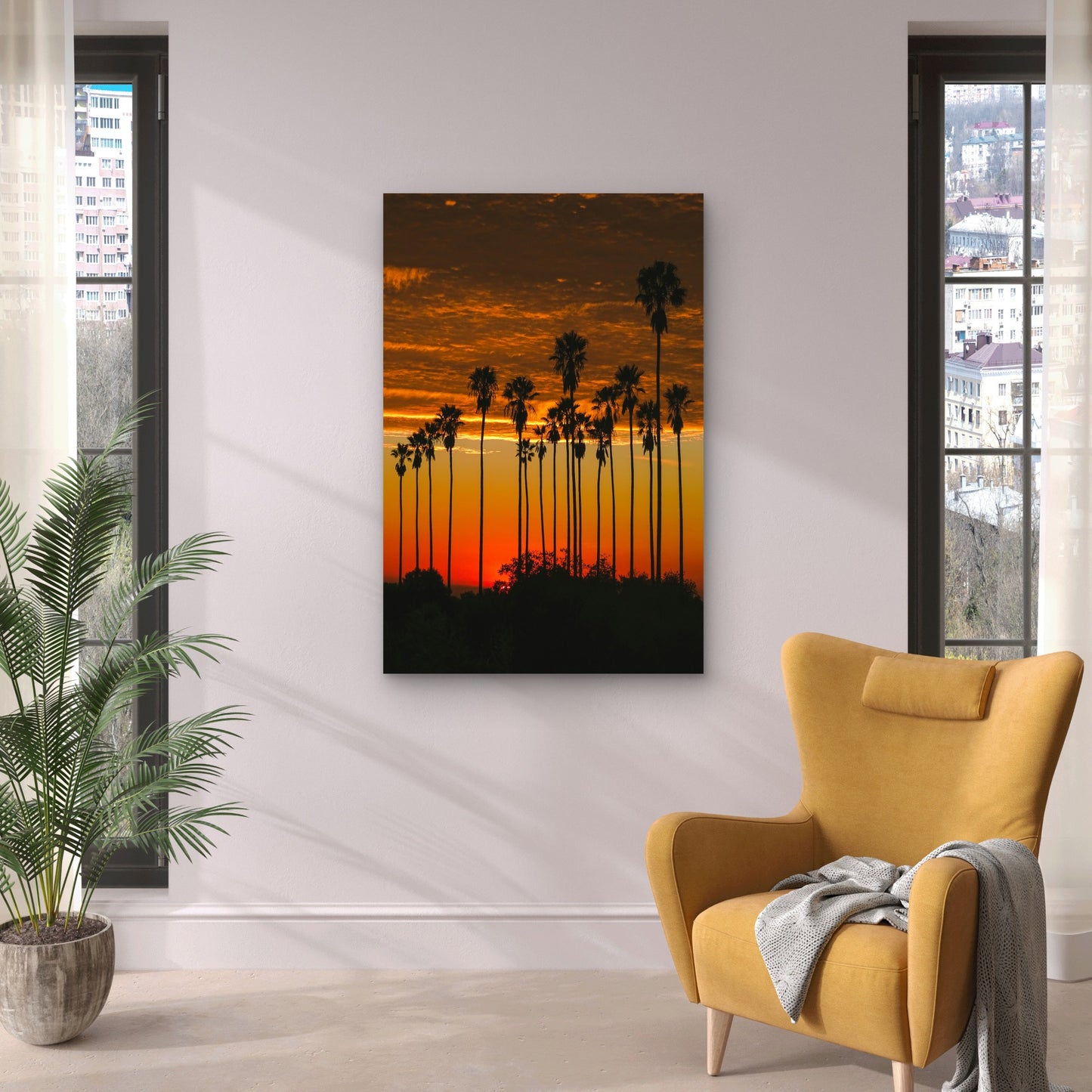 Palm Trees Silhouetted Against A Vibrant Orange And Yellow Sunset Sky 40x60cm Metal Print Ready to Hang