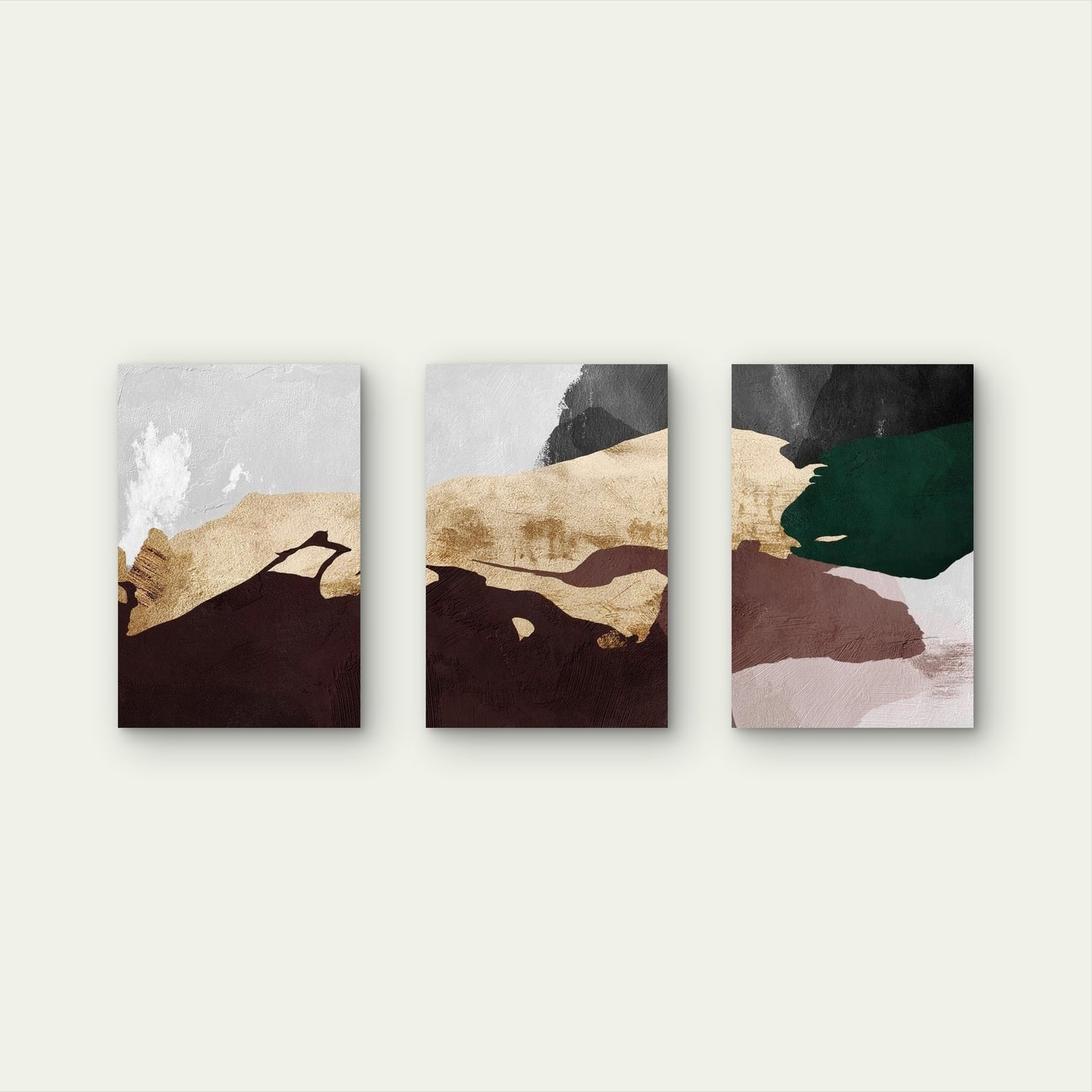 3pcs Abstract Earthy Brown Green Gold Foil Block Wall Art Set Canvas Framed 40x60cm - High Quality Print 100% Australian Made Wall Canvas Ready to Hang