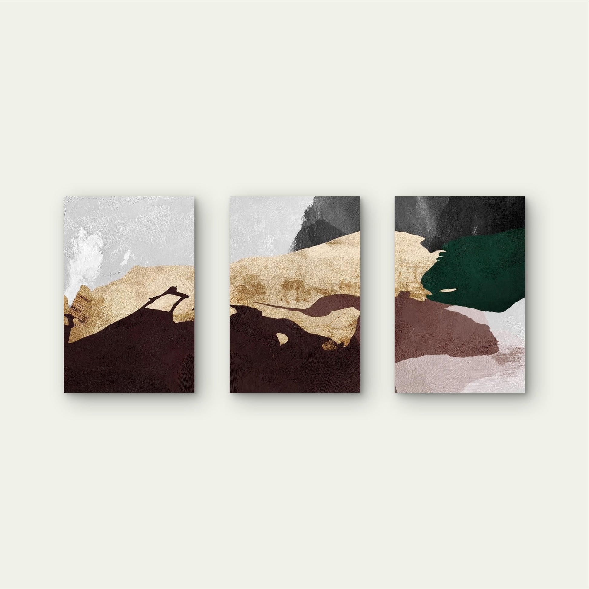 3pcs Abstract Earthy Brown Green Gold Foil Block Wall Art Set Canvas Framed 40x60cm - High Quality Print 100% Australian Made Wall Canvas Ready to Hang