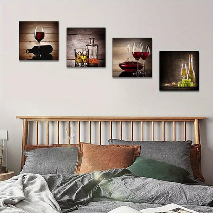 4pcs Wine Glass & Bottel  Wall Art Canvas Framed