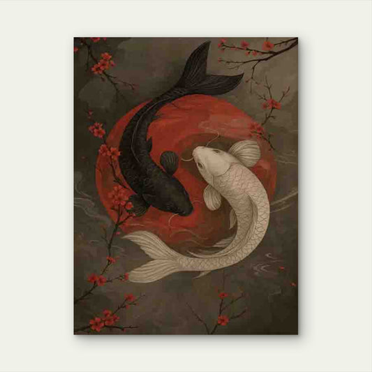 Yin Yang Koi Fish Red Floral Background 40x60cm Metal Print Ready to Hang
