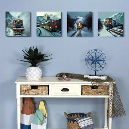 4pcs Snowy Mountain Train ScenesWall Art Canvas Framed