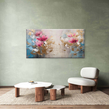 Pink Floral Gold Painting Wall Art Canvas Office Home Room Framed 120x60cm
