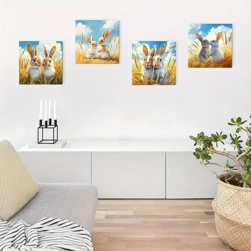 4pcs Charming White Rabbits in Golden Wall Art Canvas Framed