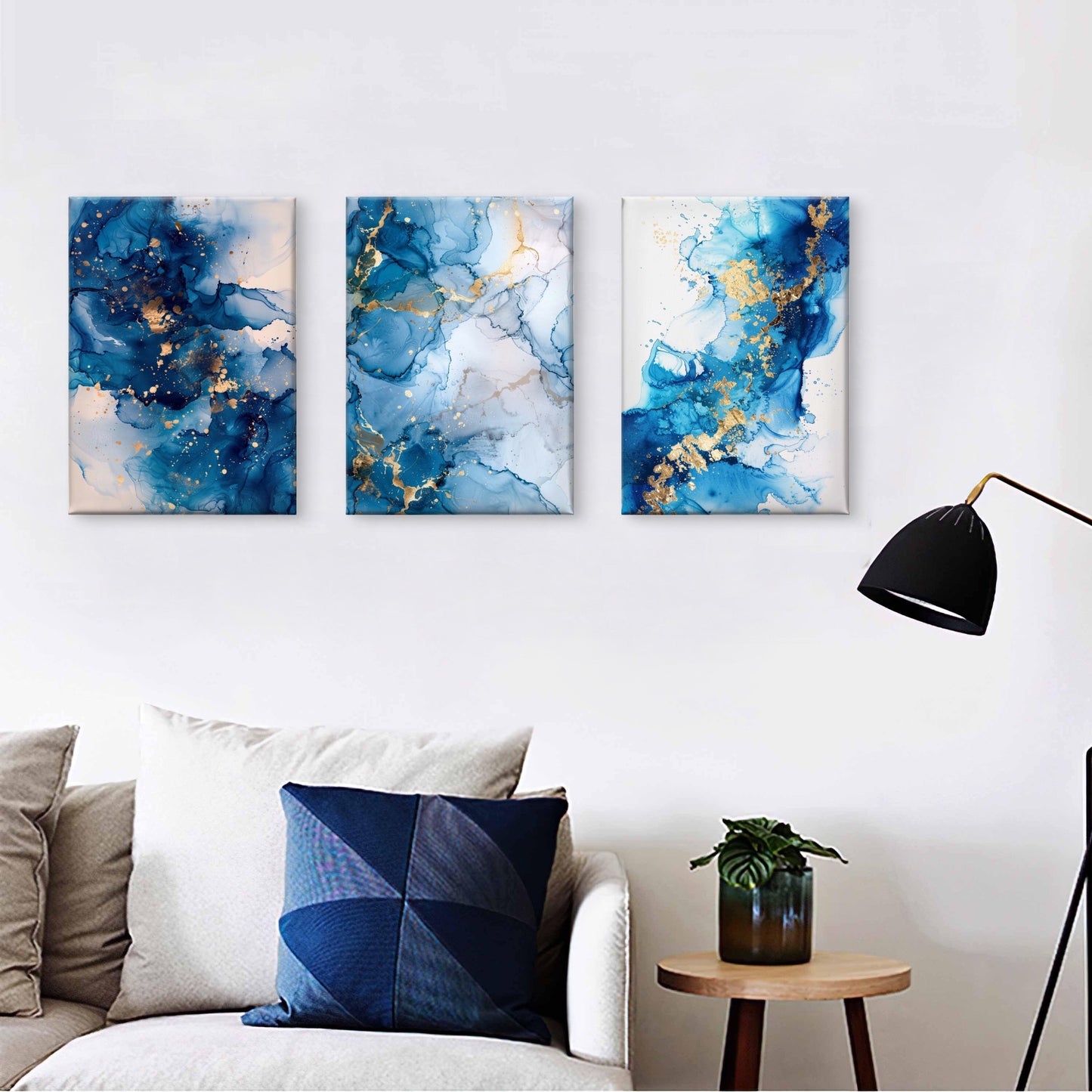 3pcs Abstract Blue Navy Alcohol Ink Fluid   Wall Art Set Canvas Framed 40x60cm - High Quality Print 100% Australian Made Wall Canvas Ready to Hang