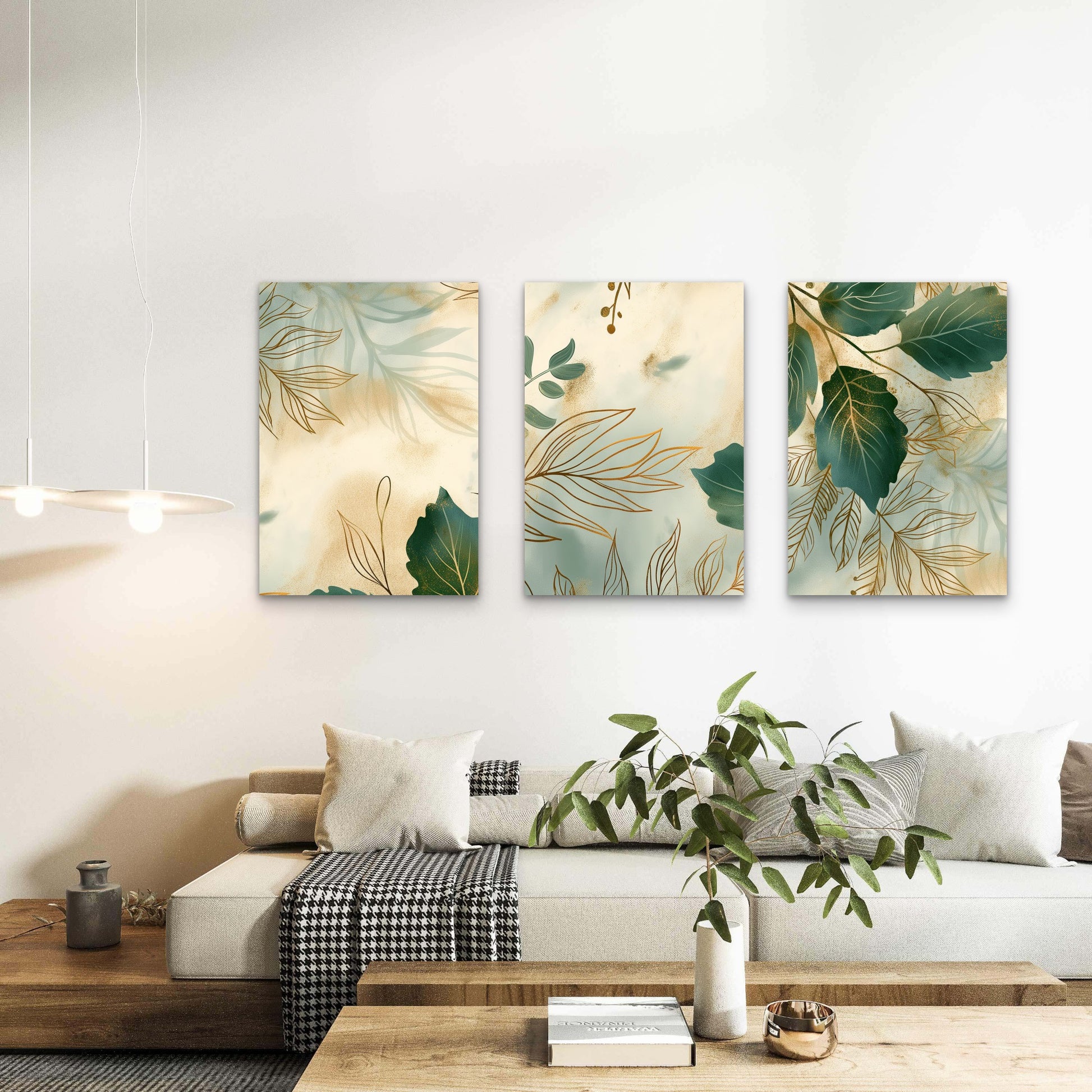 3pcs Modern Emerald Green Gold Leaf Botanical Wall Art Set Canvas Framed 40x60cm - High Quality Print 100% Australian Made Wall Canvas Ready to Hang