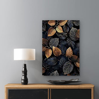 Black and Golden Leaf Pattern 40x60cm Metal Print Ready to Hang - Bella Home Decor