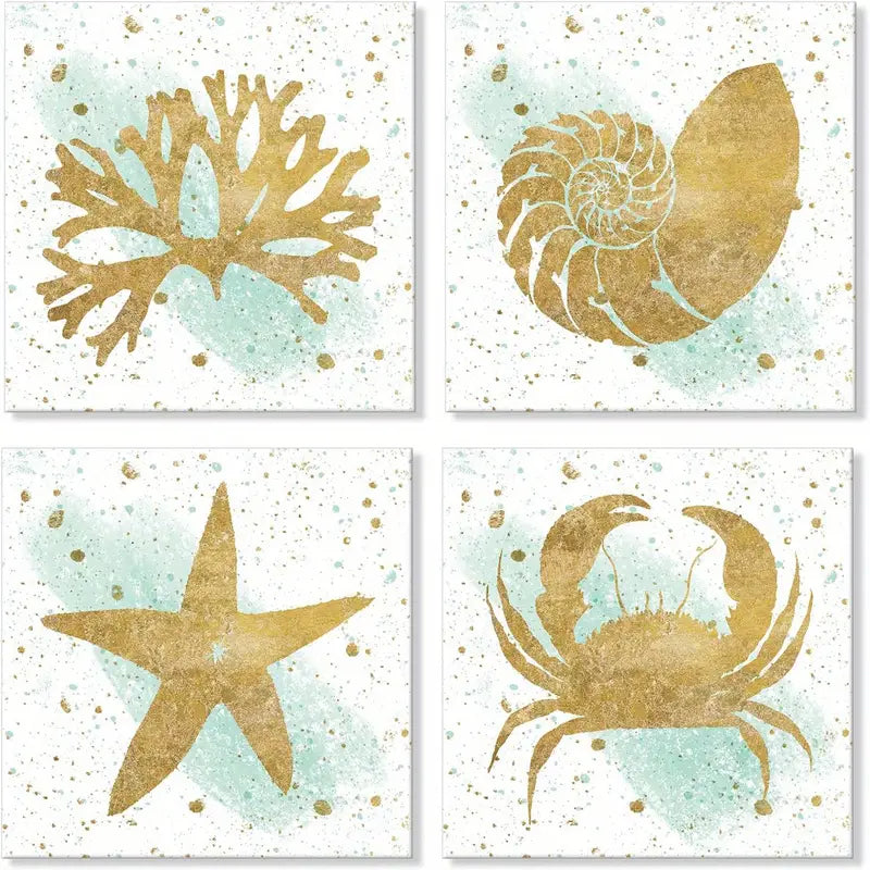 4pcs Vintage Seashell Starfish Crap Conch Sealife Wall Art Canvas Framed