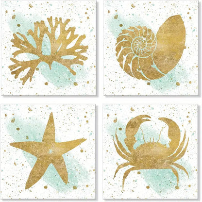 4pcs Vintage Seashell Starfish Crap Conch Sealife Wall Art Canvas Framed