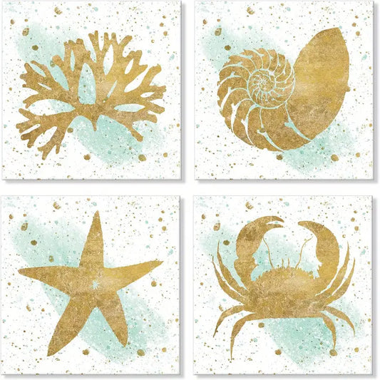 4pcs Vintage Seashell Starfish Crap Conch Sealife Wall Art Canvas Framed