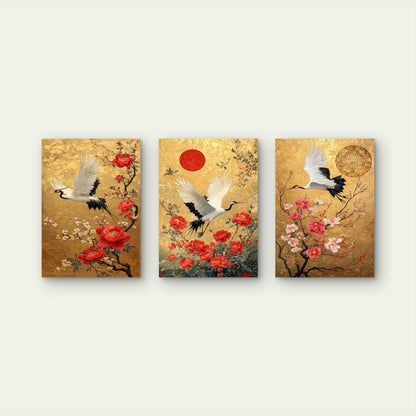 3pcs Japanese Blossom Chinoiserie Gold Crane  Wall Art Set Canvas Framed 40x60cm - High Quality Print 100% Australian Made Wall Canvas Ready to Hang