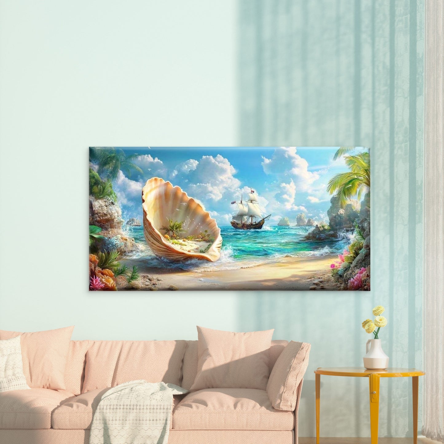 Tropical Shell Island Coastal Wall Art Canvas Office Home Room Framed 120x60cm - Bella Home Decor