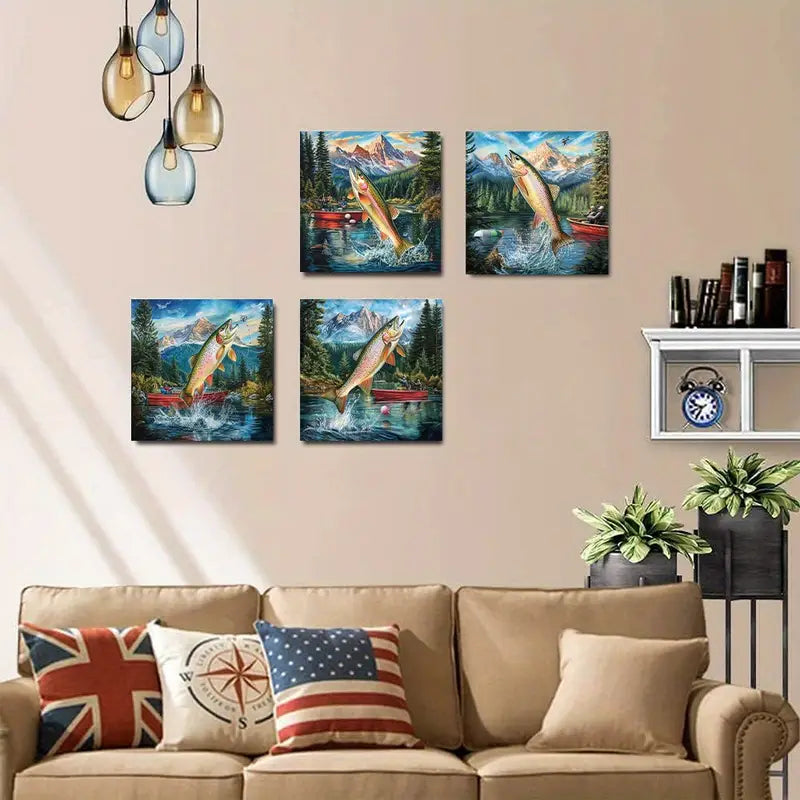 4pcs Modern Fishing Scene Canvas Wall Art Canvas Framed