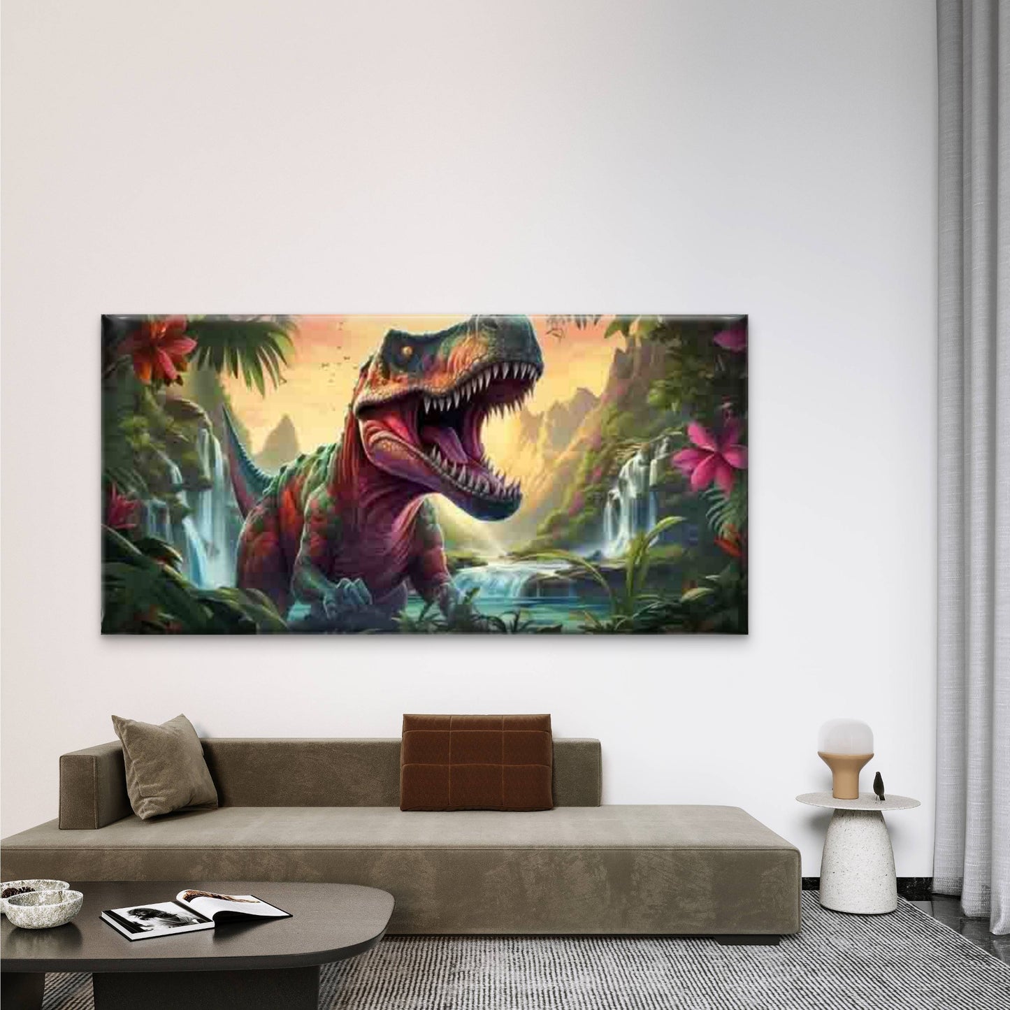T-Rex Dinosaur Jungle Waterfall Wall Art Canvas Office Home Room Framed 120x60cm