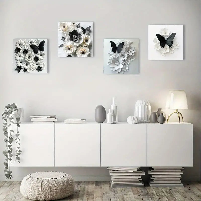 4pcs Black And White With White Flowers Wall Art Canvas Framed