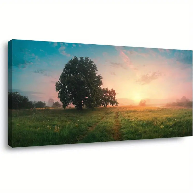 Spring Panoramic Sky Fluffy Clouds Over Green Field Wall Art canvas office home room framed 120x60cm - Bella Home Decor