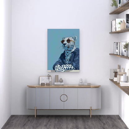 Navy Blue Leopard in Fashion Glasses 60x90cm Metal Print Ready to Hang