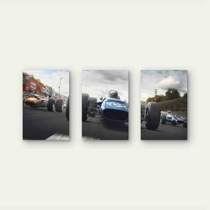 3pcs Vintage Retro Blue Grand Prix Racing Car Metal Print Ready to Hang Art