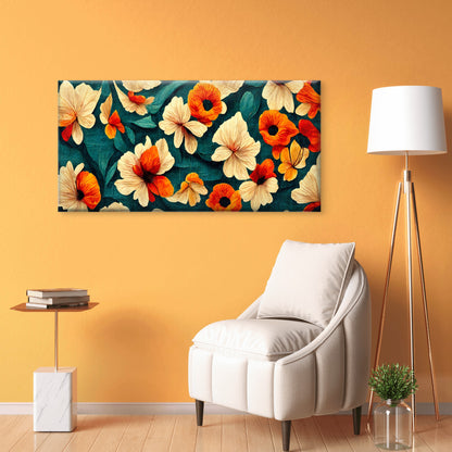 Orange Poppy Floral Teal Wall Art Canvas Office Home Room Framed 120x60cm