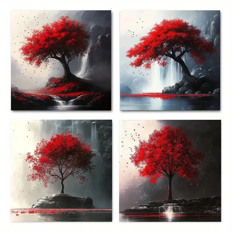 4pcs Abstract Waterfall Red Tree Wall Art Canvas Framed