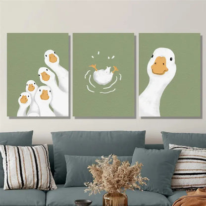 3pcs Playful Sage Green Adorable Duck Metal Print Ready to Hang Art