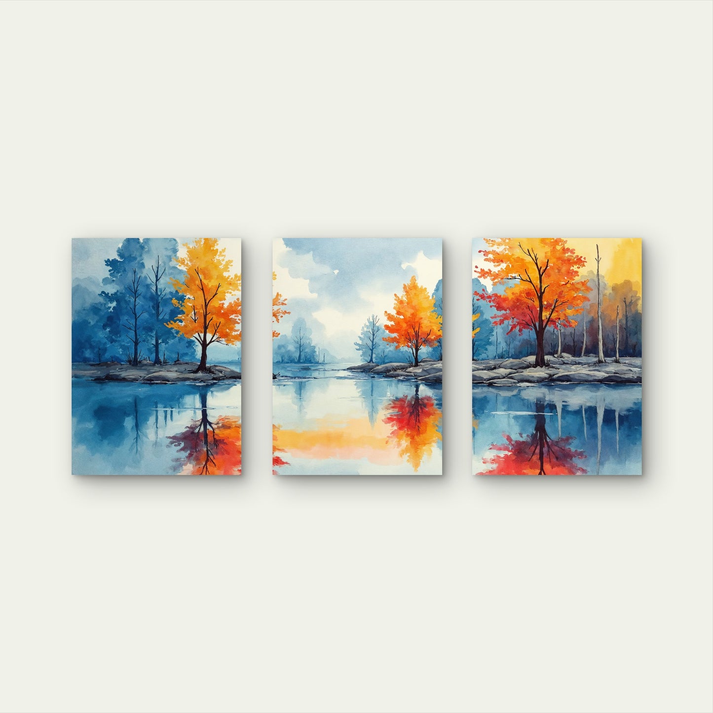 3pcs Watercolor Autumn Tree Lake Reflection Wall Art Set Canvas Framed 60x90cm - High Quality Print 100% Australian Made Wall Canvas Ready to Hang - Bella Home Decor
