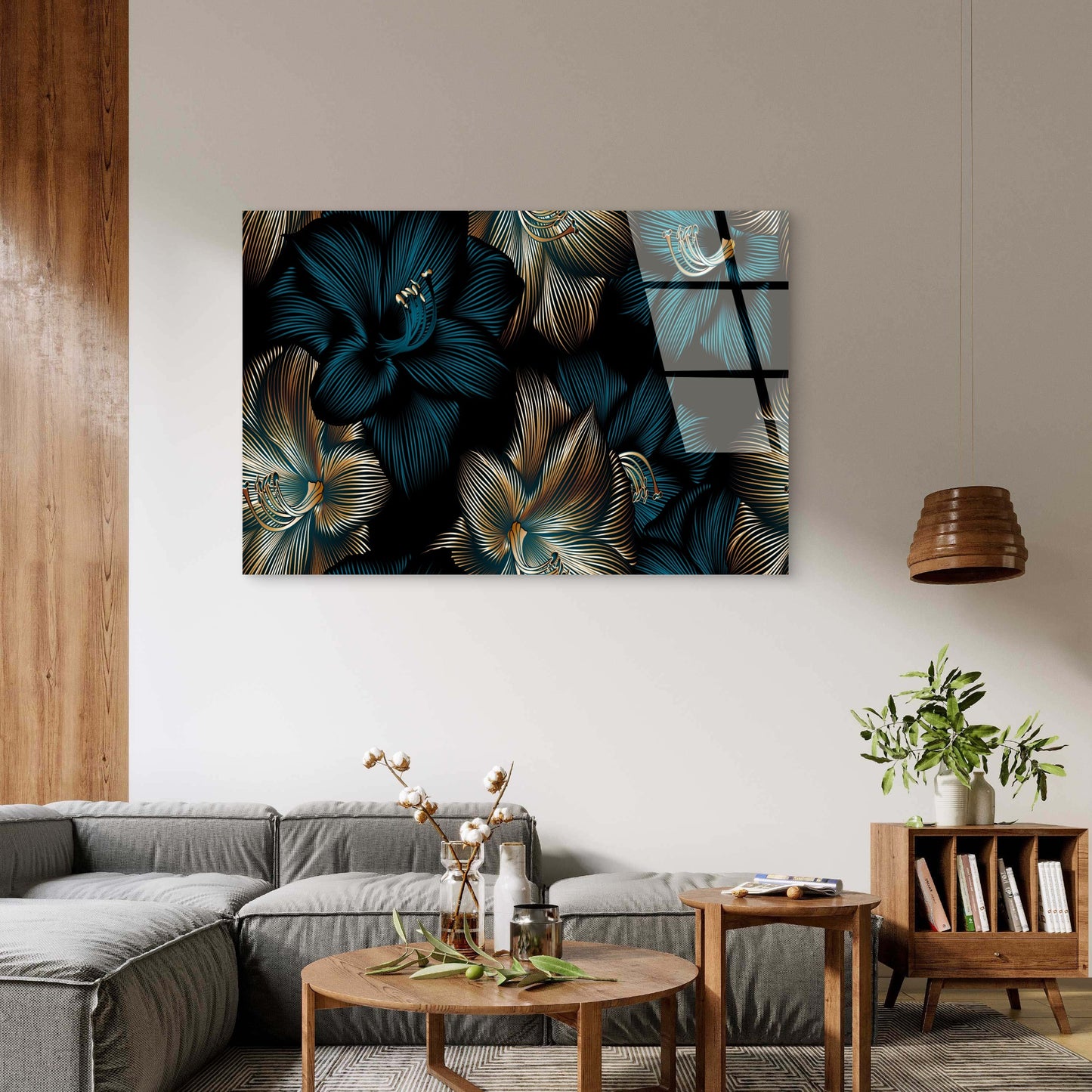 Navy Blue Gold Floral Abstract Lily Acrylic Glass Printing Wall Art Australian Made Quality
