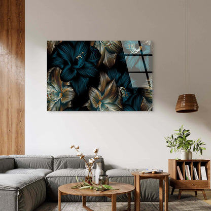 Navy Blue Gold Floral Abstract Lily Acrylic Glass Printing Wall Art Australian Made Quality