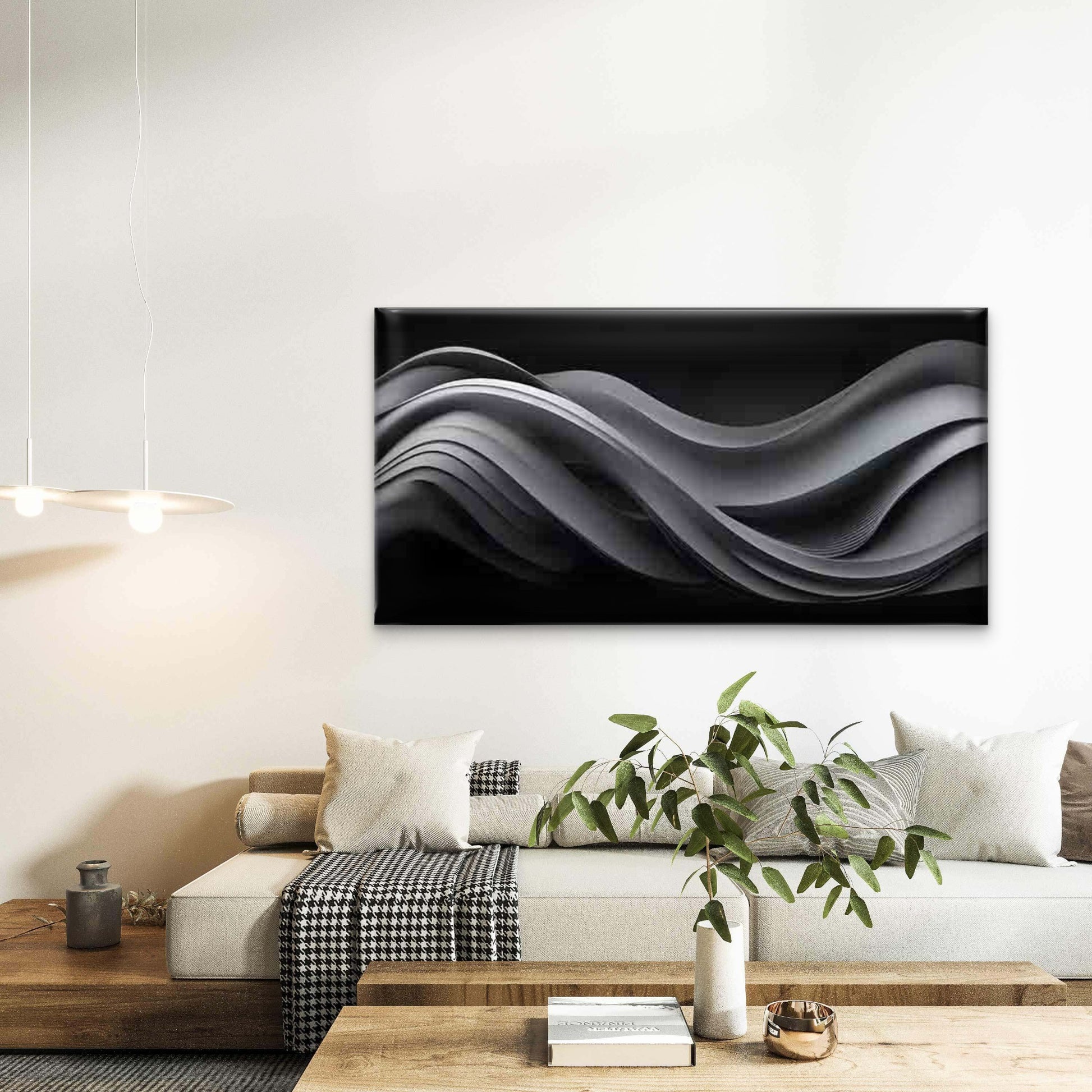 Abstract Wave Forms in Monochrome Wall Art Canvas Office Home Room Framed 120x60cm - Bella Home Decor