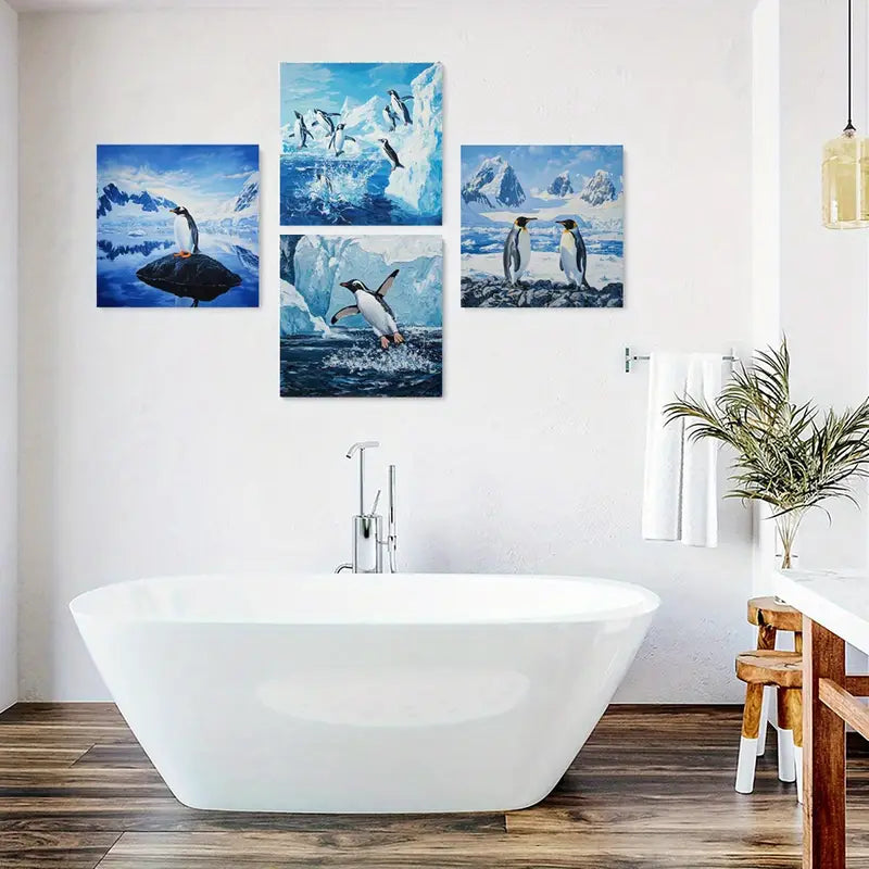 4pcs Snowy Mountains With Penguin  Wall Art Canvas Framed