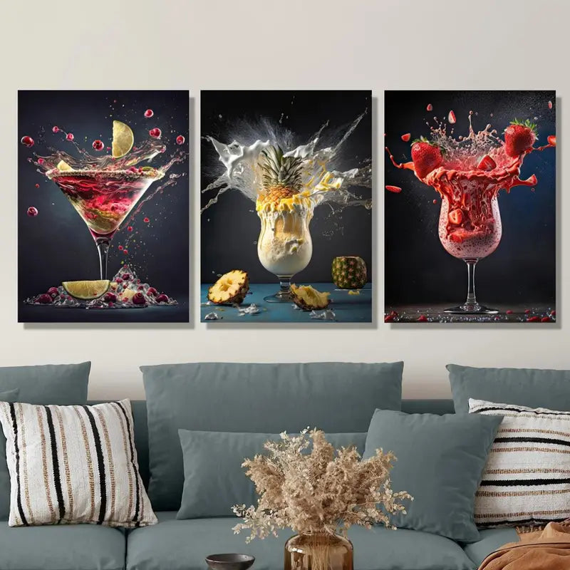 3pcs Abstract Lemon, Pineapple & Strawberry Splash Metal Print Ready to Hang Art - Bella Home Decor
